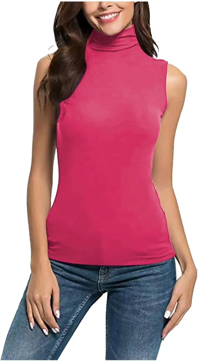 Women Sleeveless Mock Turtleneck Tank Tops Slim Fit Stretchy Base Layer Tee Shirts Solid Color Undershirts