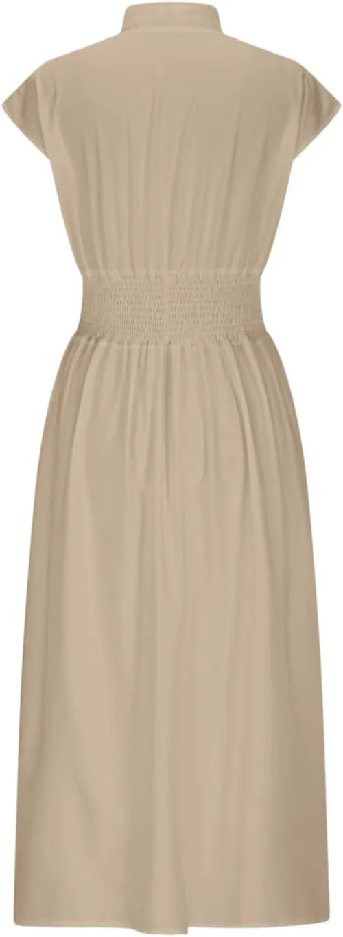 Women Smocked High Waist Midi Dress Summer Zip Up Front Cap Sleeve V Neck A-Line Dresses Casual Beach Vacation Dress