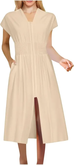 Women Smocked High Waist Midi Dress Summer Zip Up Front Cap Sleeve V Neck A-Line Dresses Casual Beach Vacation Dress