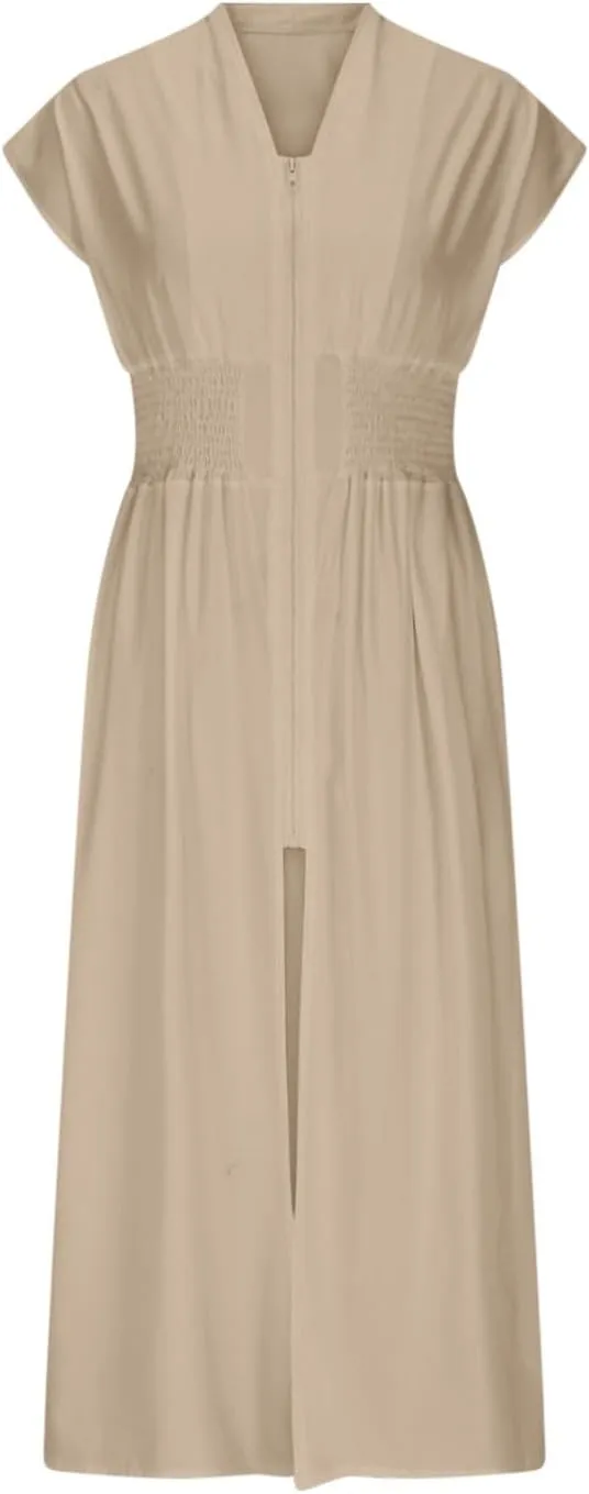 Women Smocked High Waist Midi Dress Summer Zip Up Front Cap Sleeve V Neck A-Line Dresses Casual Beach Vacation Dress