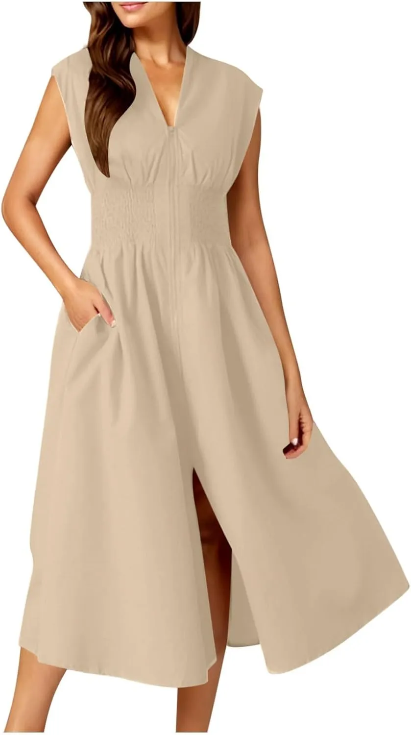 Women Smocked High Waist Midi Dress Summer Zip Up Front Cap Sleeve V Neck A-Line Dresses Casual Beach Vacation Dress