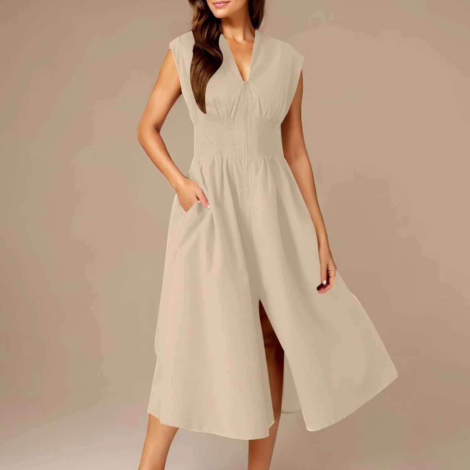 Women Smocked High Waist Midi Dress Summer Zip Up Front Cap Sleeve V Neck A-Line Dresses Casual Beach Vacation Dress