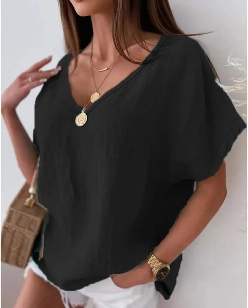 Women Solid Color Cotton Linen V-Neck Batwing Loose Summer Top Short Sleeve Oversized T-Shirt