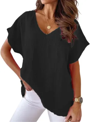 Women Solid Color Cotton Linen V-Neck Batwing Loose Summer Top Short Sleeve Oversized T-Shirt
