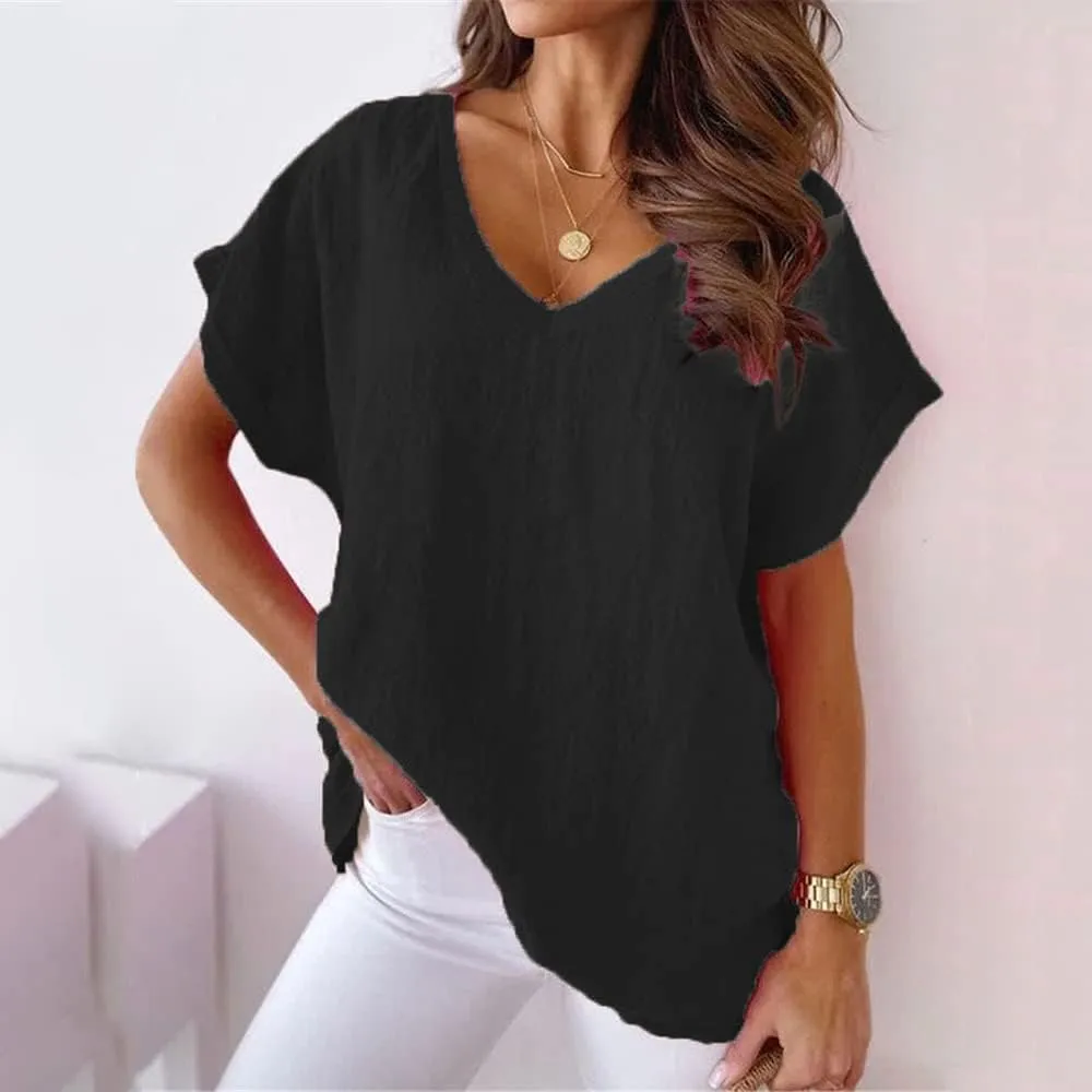 Women Solid Color Cotton Linen V-Neck Batwing Loose Summer Top Short Sleeve Oversized T-Shirt
