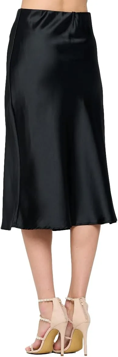 Women Solid High Waist Silky Casual Elastic Satin Midi Skirt -Made in USA (Available in Plus Size)