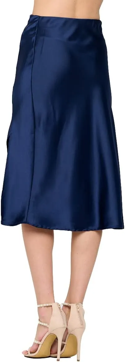 Women Solid High Waist Silky Casual Elastic Satin Midi Skirt -Made in USA (Available in Plus Size)
