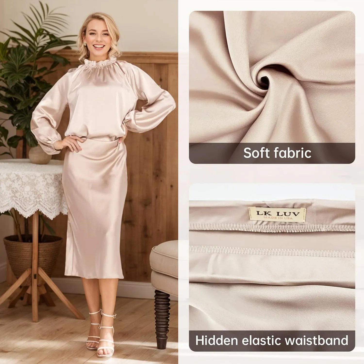 Women Solid High Waist Silky Casual Elastic Satin Midi Skirt -Made in USA (Available in Plus Size)