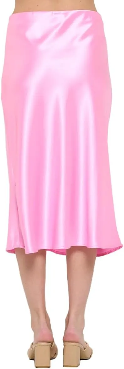 Women Solid High Waist Silky Casual Elastic Satin Midi Skirt -Made in USA (Available in Plus Size)