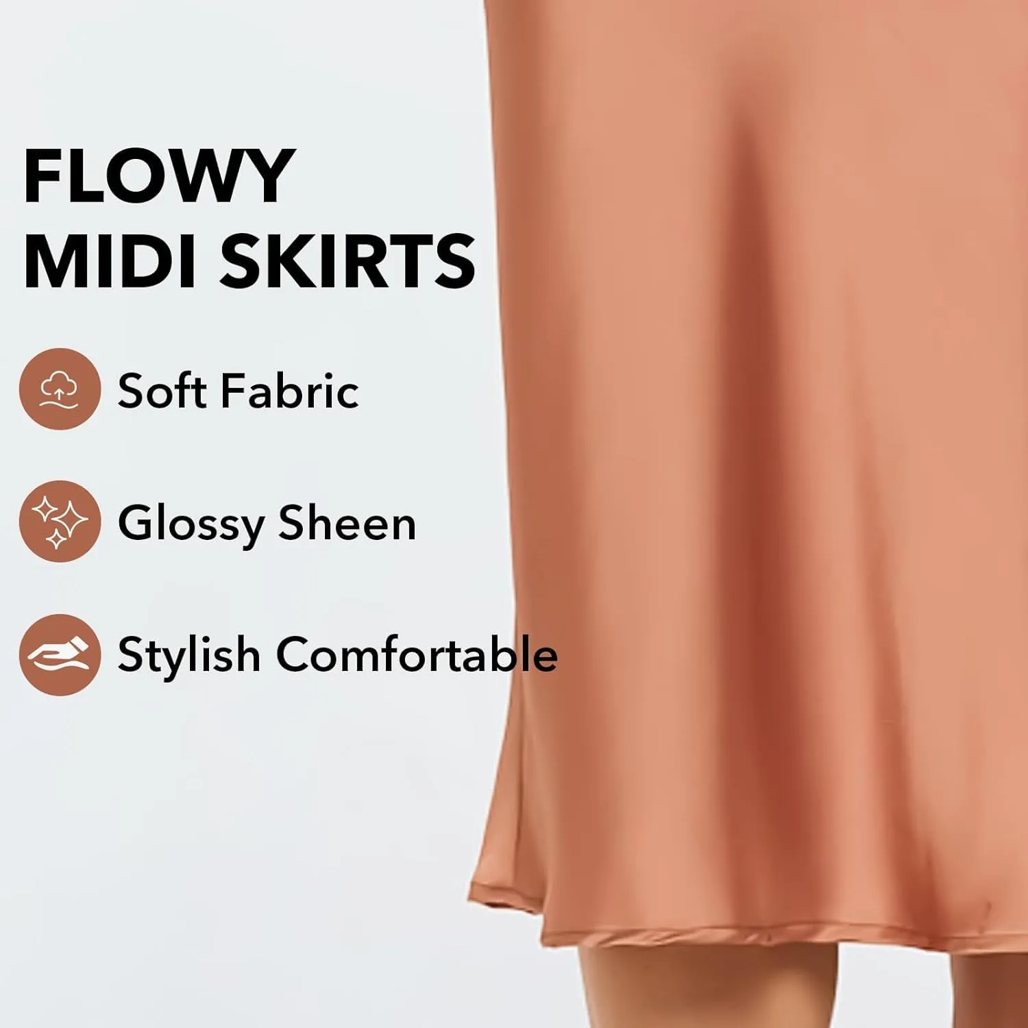 Women Solid High Waist Silky Casual Elastic Satin Midi Skirt -Made in USA (Available in Plus Size)