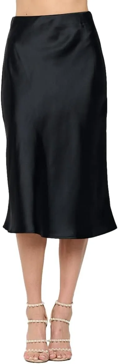 Women Solid High Waist Silky Casual Elastic Satin Midi Skirt -Made in USA (Available in Plus Size)
