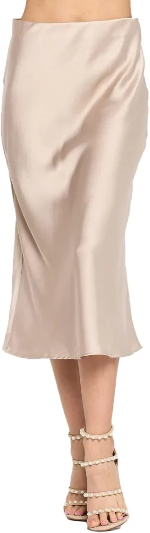 Women Solid High Waist Silky Casual Elastic Satin Midi Skirt -Made in USA (Available in Plus Size)