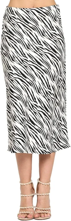 Women Solid High Waist Silky Casual Elastic Satin Midi Skirt -Made in USA (Available in Plus Size)