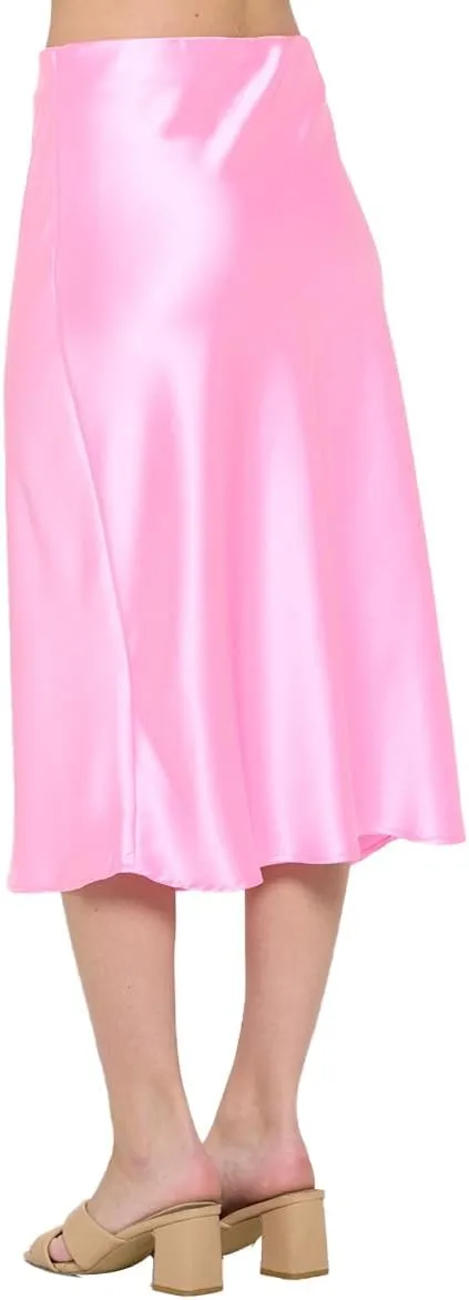 Women Solid High Waist Silky Casual Elastic Satin Midi Skirt -Made in USA (Available in Plus Size)
