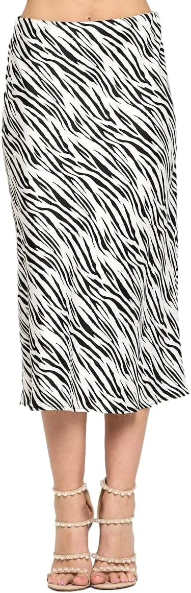 Women Solid High Waist Silky Casual Elastic Satin Midi Skirt -Made in USA (Available in Plus Size)