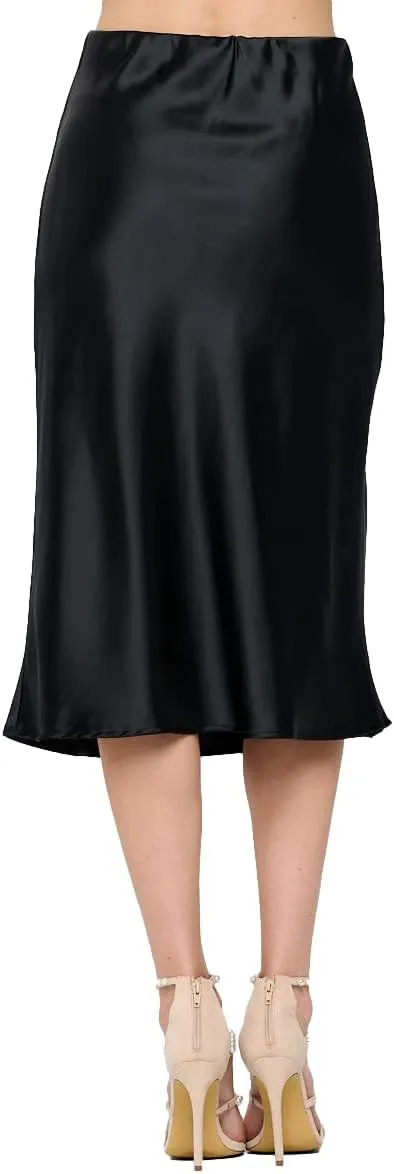 Women Solid High Waist Silky Casual Elastic Satin Midi Skirt -Made in USA (Available in Plus Size)