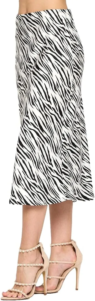 Women Solid High Waist Silky Casual Elastic Satin Midi Skirt -Made in USA (Available in Plus Size)