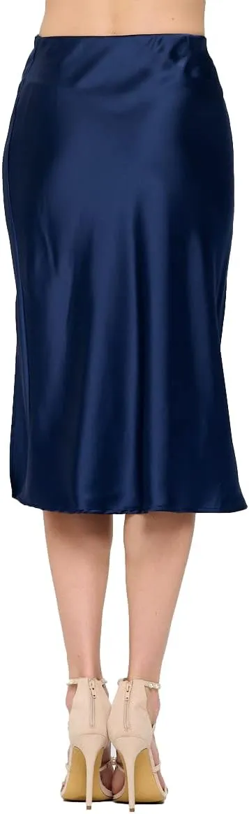 Women Solid High Waist Silky Casual Elastic Satin Midi Skirt -Made in USA (Available in Plus Size)