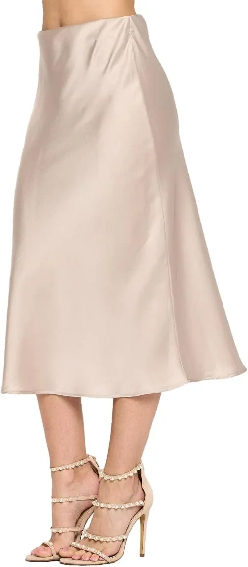 Women Solid High Waist Silky Casual Elastic Satin Midi Skirt -Made in USA (Available in Plus Size)