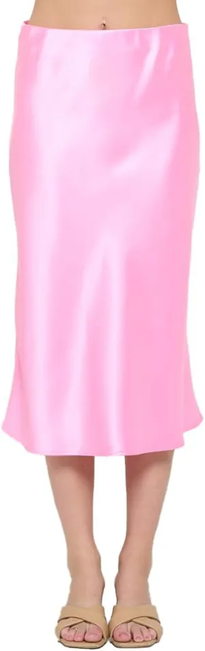 Women Solid High Waist Silky Casual Elastic Satin Midi Skirt -Made in USA (Available in Plus Size)