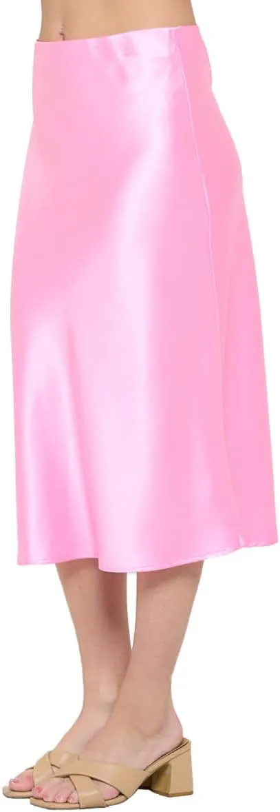 Women Solid High Waist Silky Casual Elastic Satin Midi Skirt -Made in USA (Available in Plus Size)