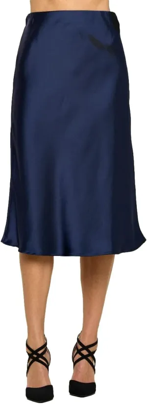 Women Solid High Waist Silky Casual Elastic Satin Midi Skirt -Made in USA (Available in Plus Size)