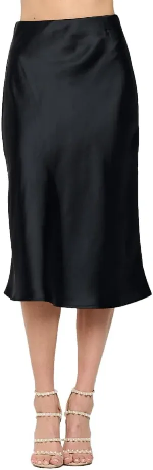 Women Solid High Waist Silky Casual Elastic Satin Midi Skirt -Made in USA (Available in Plus Size)