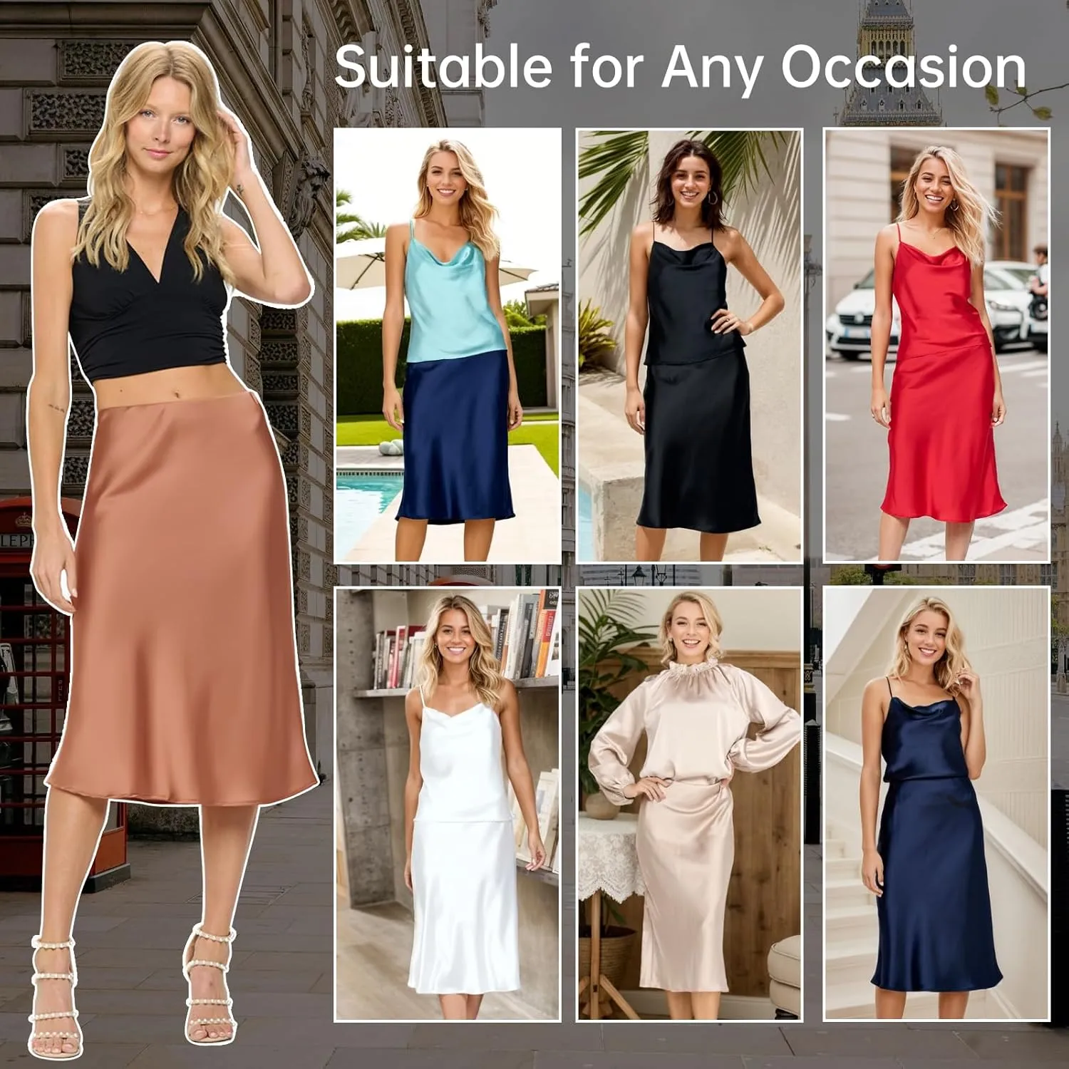 Women Solid High Waist Silky Casual Elastic Satin Midi Skirt -Made in USA (Available in Plus Size)