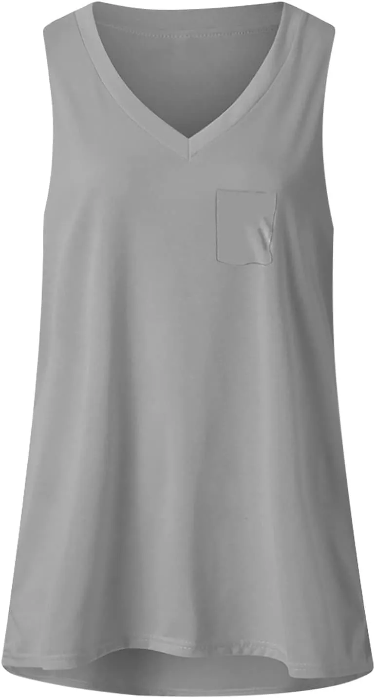 Women Summer V Neck Tank Tops Casual Sleeveless Tee Shirts Loose Fit Tunic Side Split Tshirt Solid Color Basic Tanks