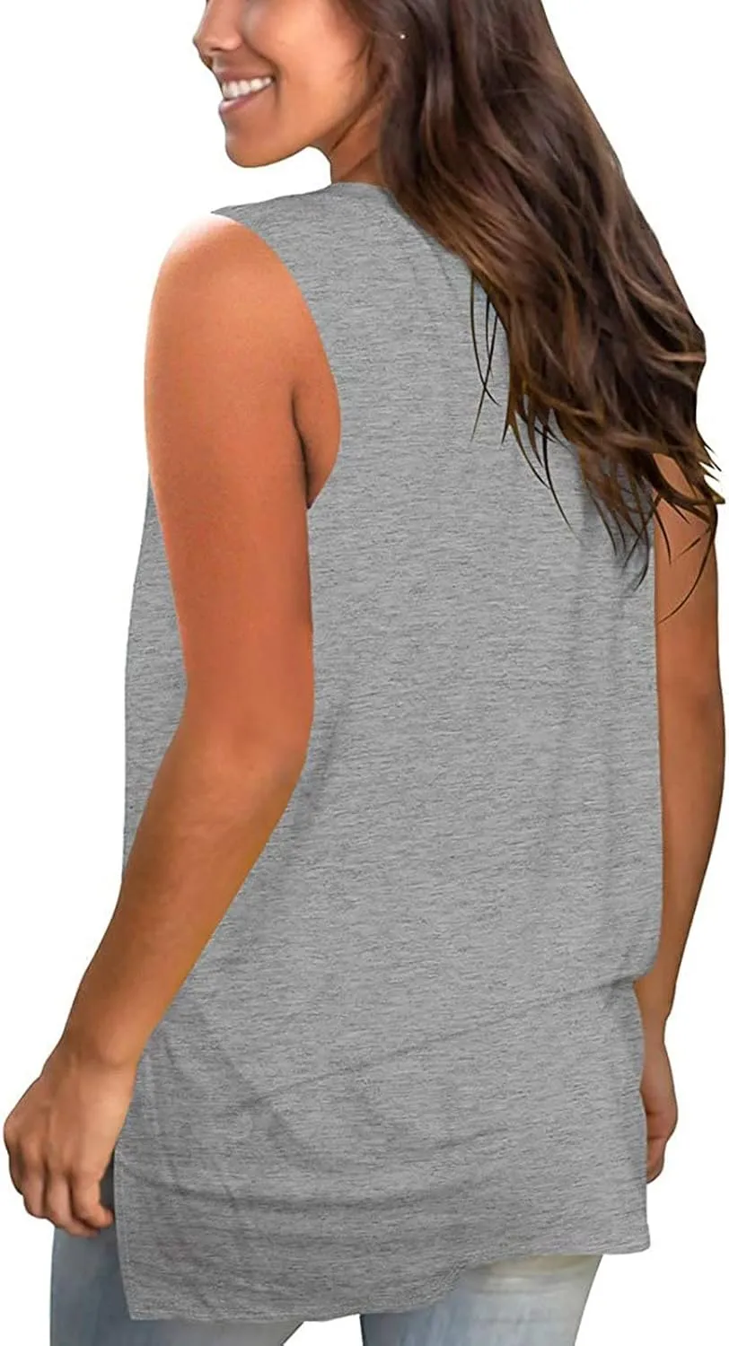 Women Summer V Neck Tank Tops Casual Sleeveless Tee Shirts Loose Fit Tunic Side Split Tshirt Solid Color Basic Tanks