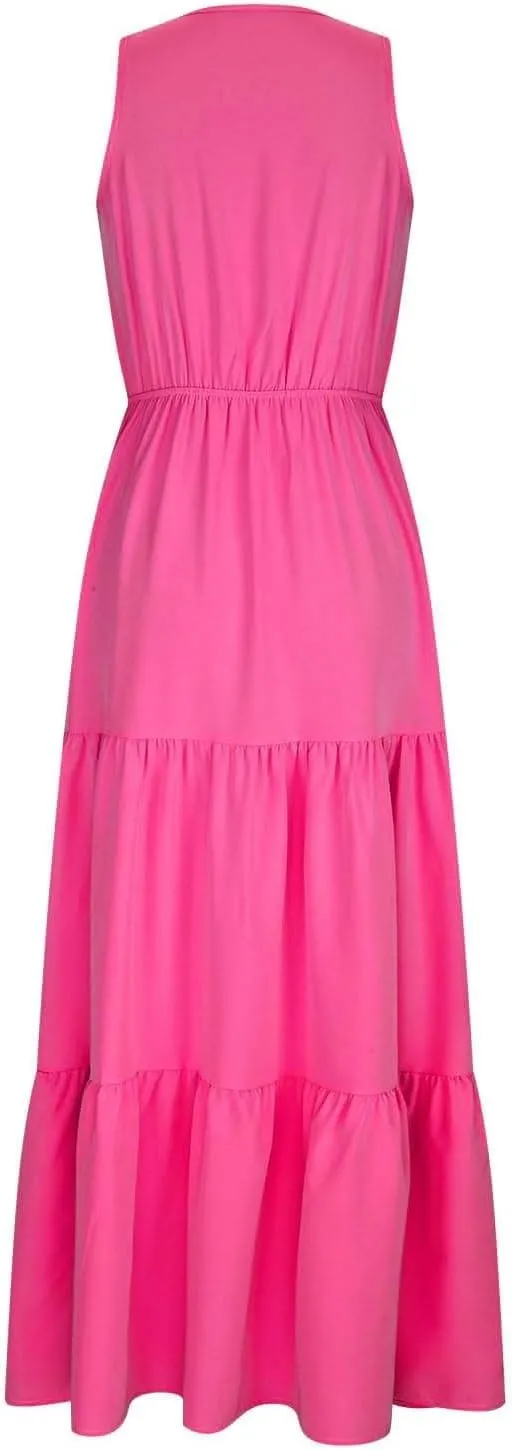 Women Summer Vacation Dresses Sleeveless Wrap V Neck Long Tank Dress Swing A Line Ruffle Tiered Flowy Beach Sundress