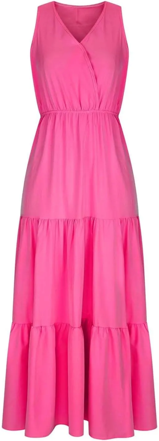 Women Summer Vacation Dresses Sleeveless Wrap V Neck Long Tank Dress Swing A Line Ruffle Tiered Flowy Beach Sundress