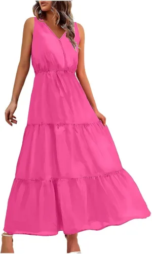 Women Summer Vacation Dresses Sleeveless Wrap V Neck Long Tank Dress Swing A Line Ruffle Tiered Flowy Beach Sundress