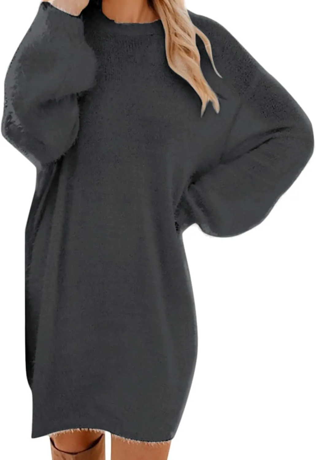 Women Sweater Dress Fuzzy Slouchy Oversized Long Sweaters Casual Loose Long Sleeve Crewneck Tunic Sweatshirt Dress