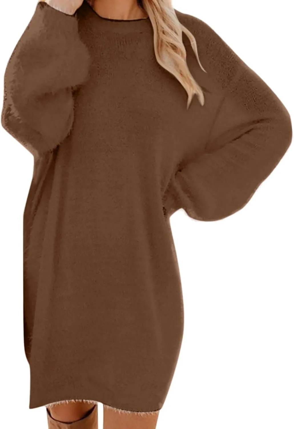 Women Sweater Dress Fuzzy Slouchy Oversized Long Sweaters Casual Loose Long Sleeve Crewneck Tunic Sweatshirt Dress