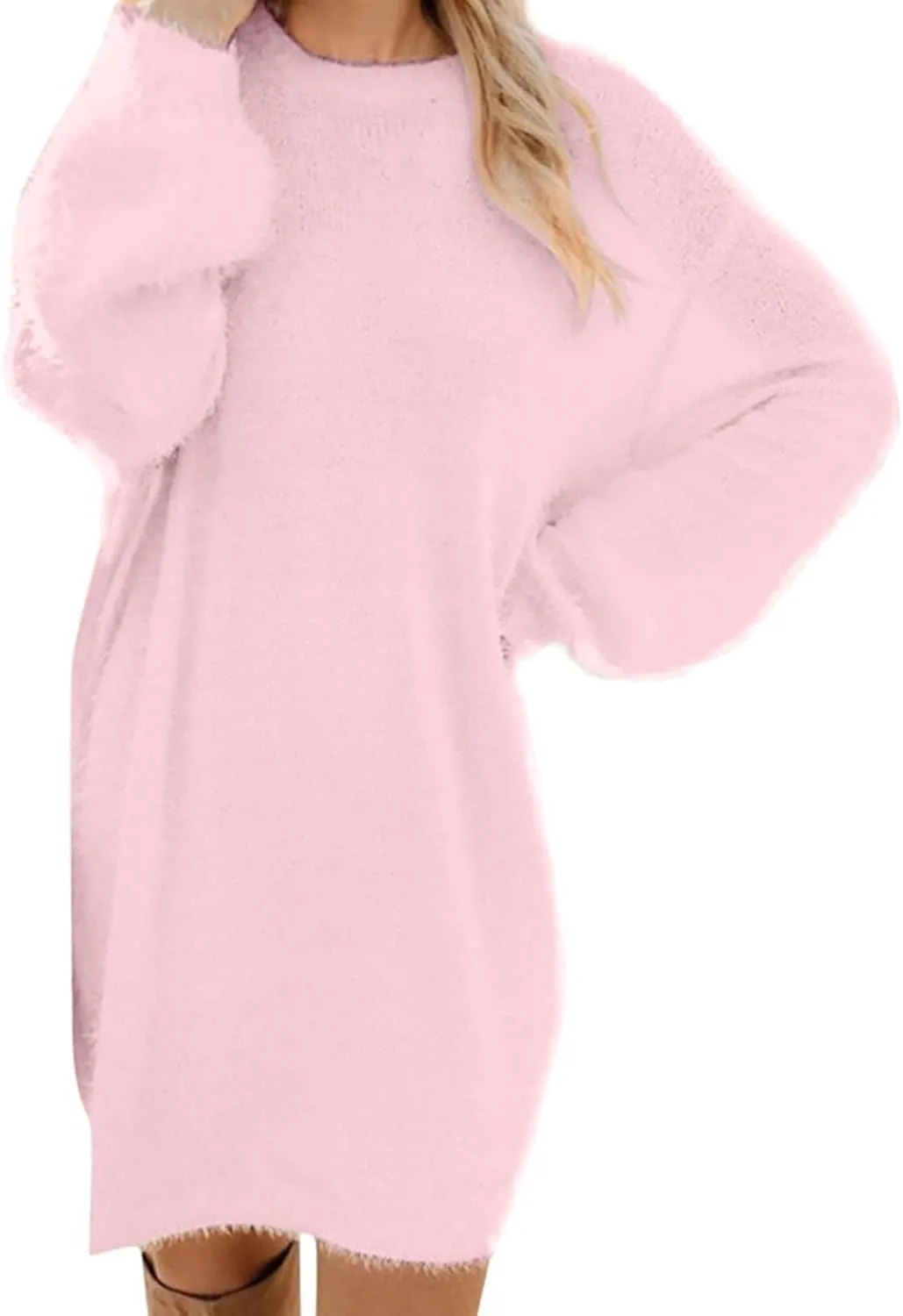 Women Sweater Dress Fuzzy Slouchy Oversized Long Sweaters Casual Loose Long Sleeve Crewneck Tunic Sweatshirt Dress