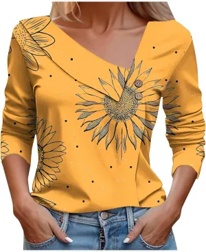 Women Tops Spring 2025 Casual Long Sleeve Loose Shirts Plaid Print Tees Asymmetric Button V Neck Blouses Dressy Tunic