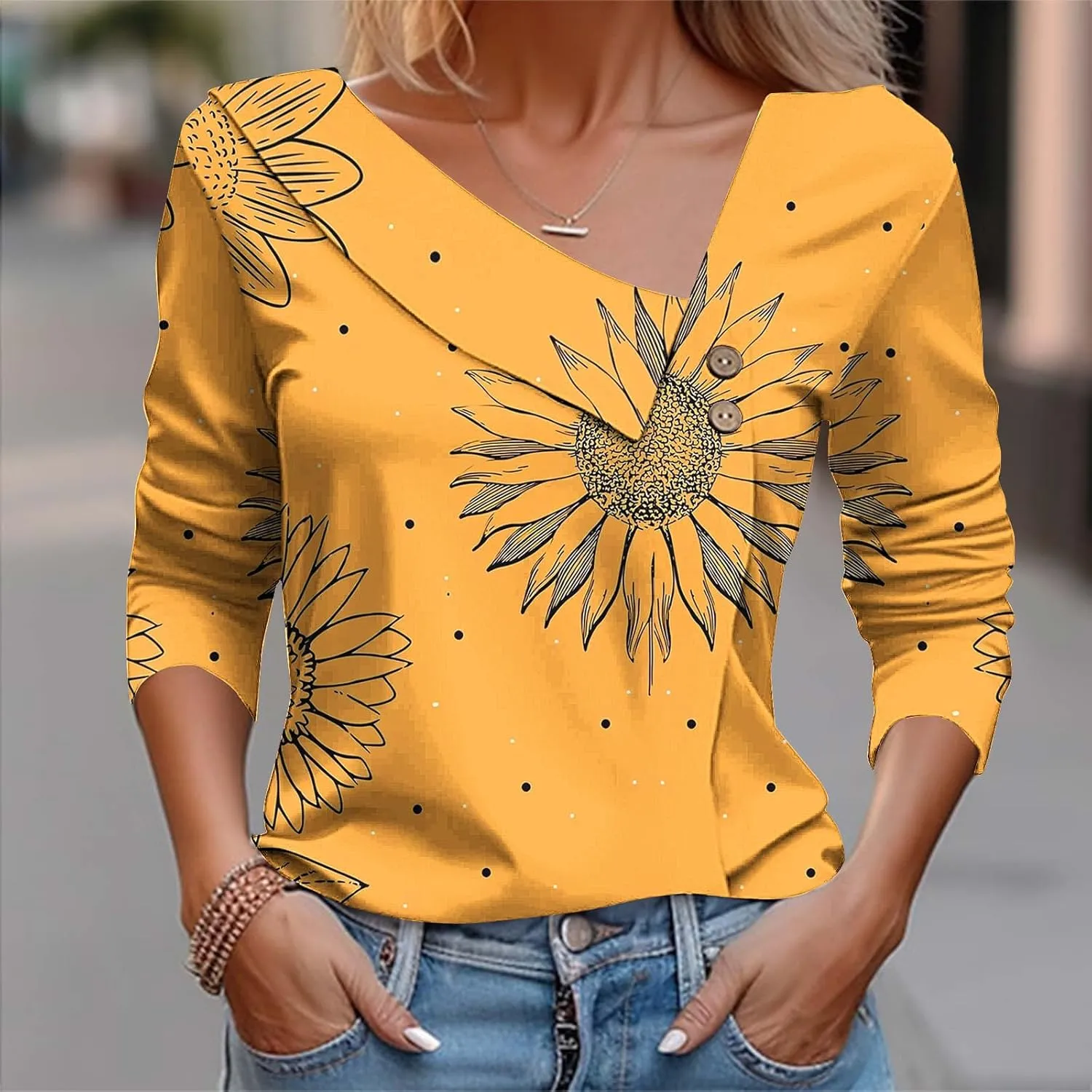 Women Tops Spring 2025 Casual Long Sleeve Loose Shirts Plaid Print Tees Asymmetric Button V Neck Blouses Dressy Tunic