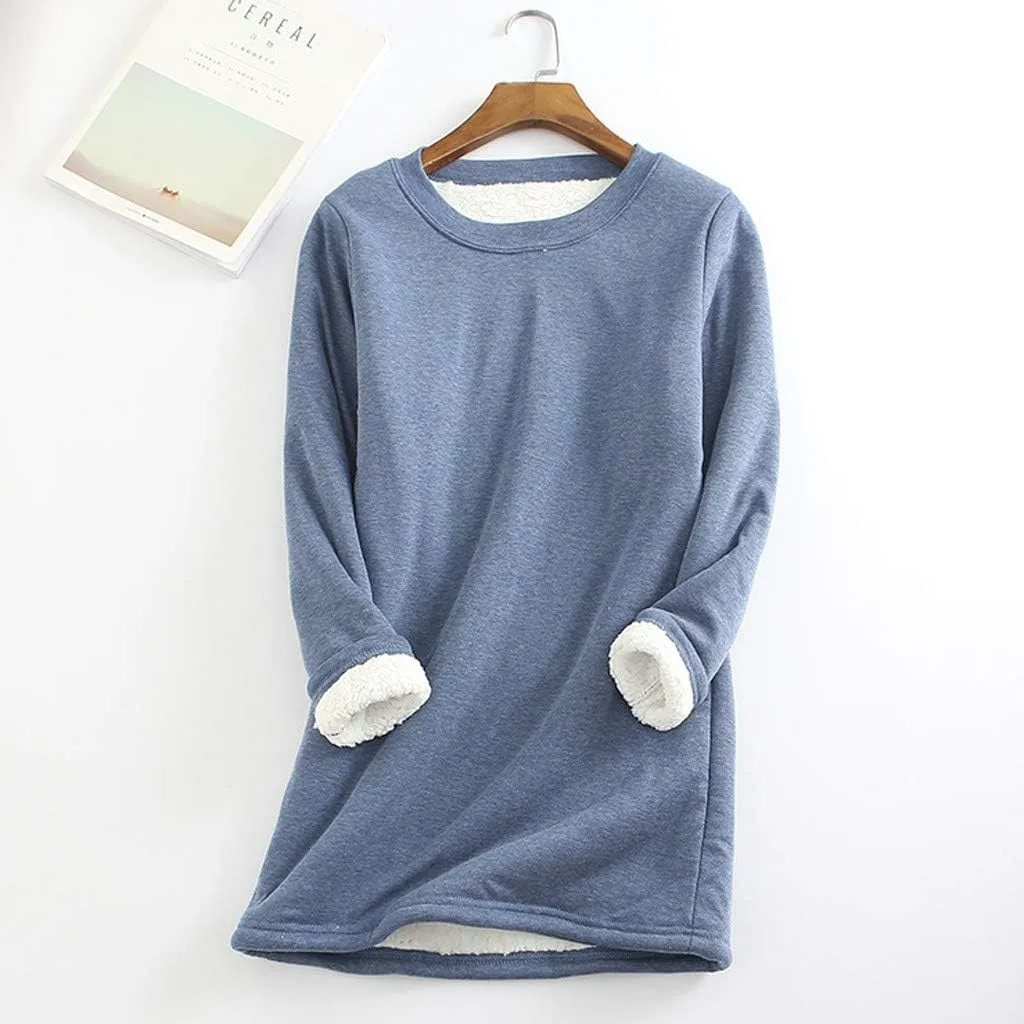 Women Warm Sherpa Lined Fleece Crewneck Sport Sweatshirt Pullover Loungewear