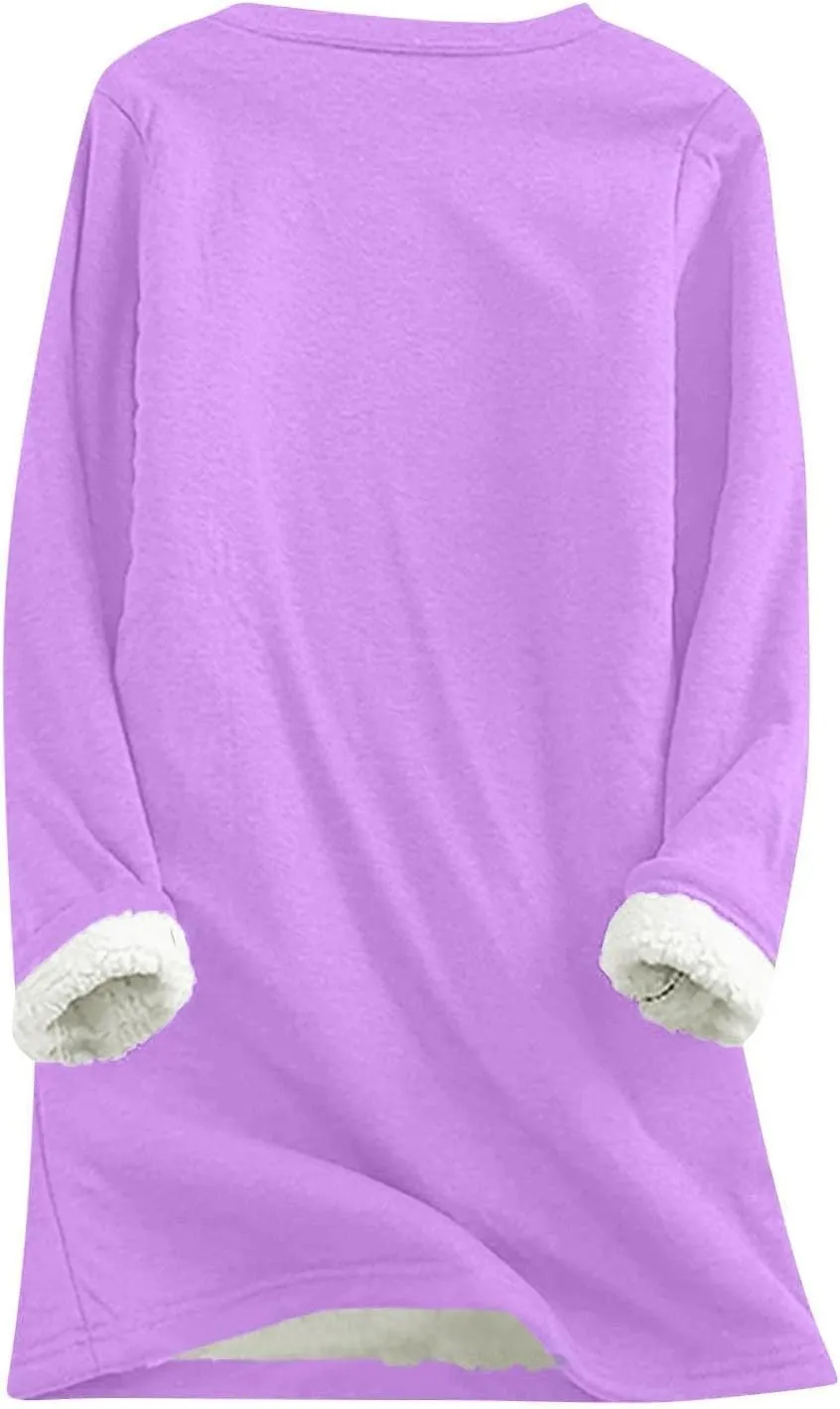 Women Warm Sherpa Lined Fleece Crewneck Sport Sweatshirt Pullover Loungewear