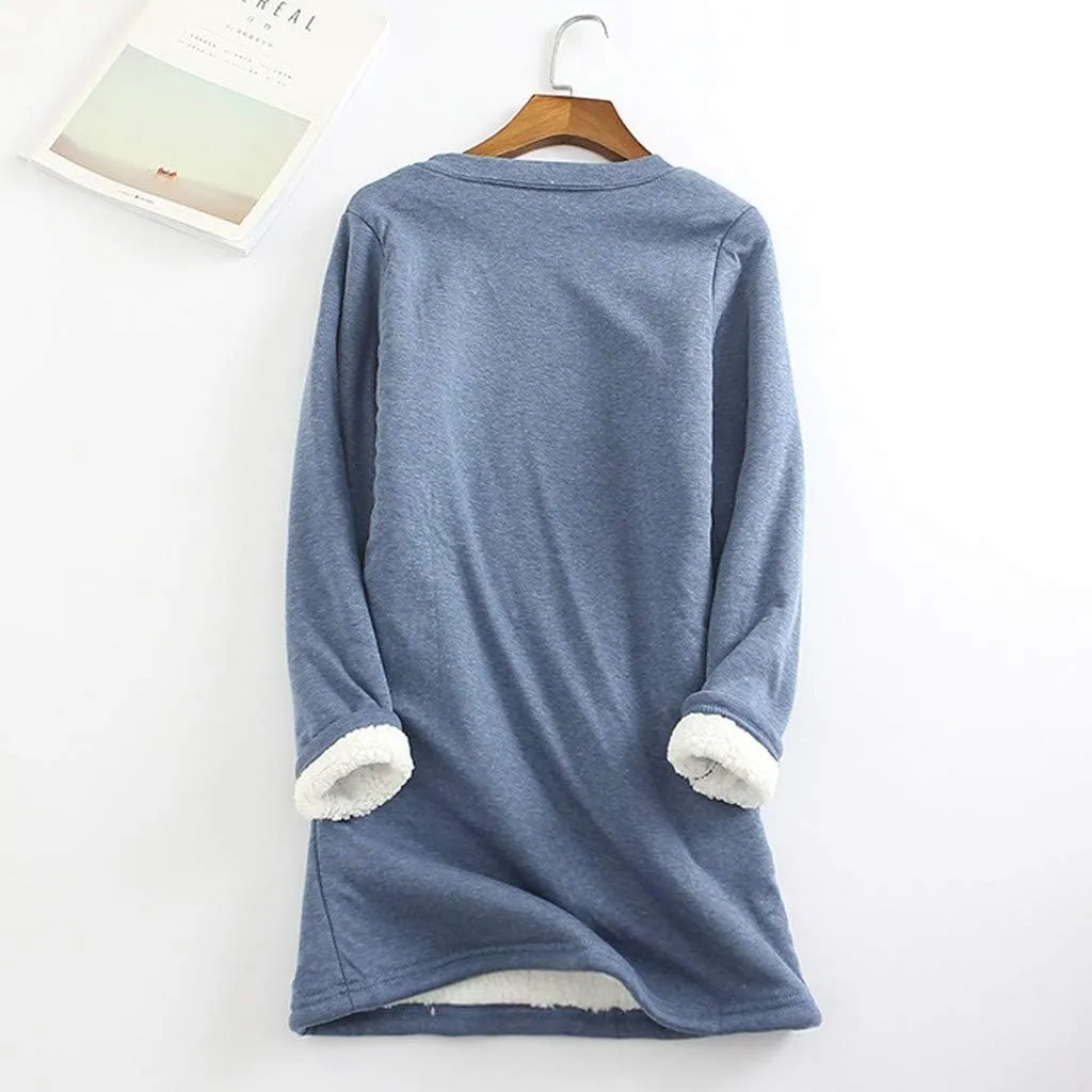 Women Warm Sherpa Lined Fleece Crewneck Sport Sweatshirt Pullover Loungewear