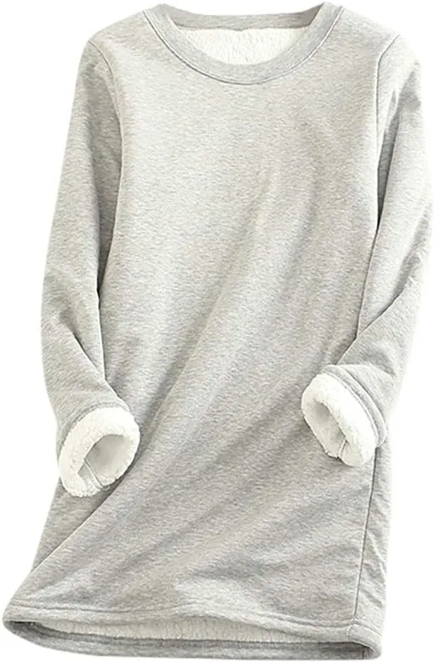 Women Warm Sherpa Lined Fleece Crewneck Sport Sweatshirt Pullover Loungewear