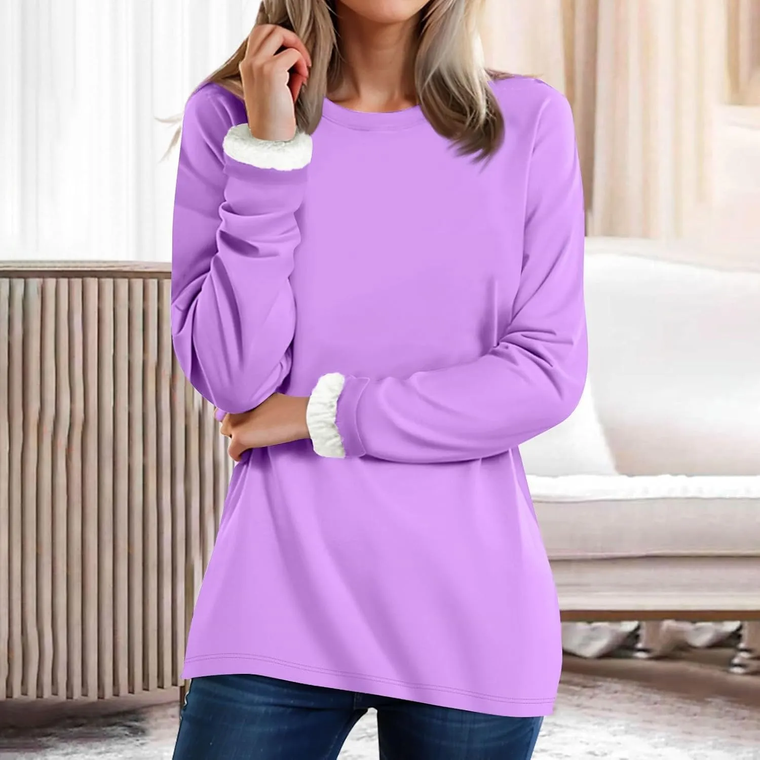 Women Warm Sherpa Lined Fleece Crewneck Sport Sweatshirt Pullover Loungewear