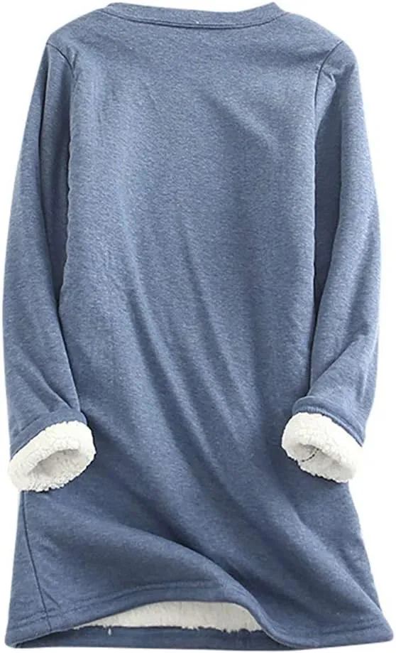 Women Warm Sherpa Lined Fleece Crewneck Sport Sweatshirt Pullover Loungewear