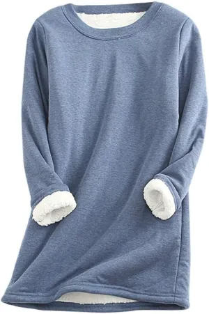 Women Warm Sherpa Lined Fleece Crewneck Sport Sweatshirt Pullover Loungewear