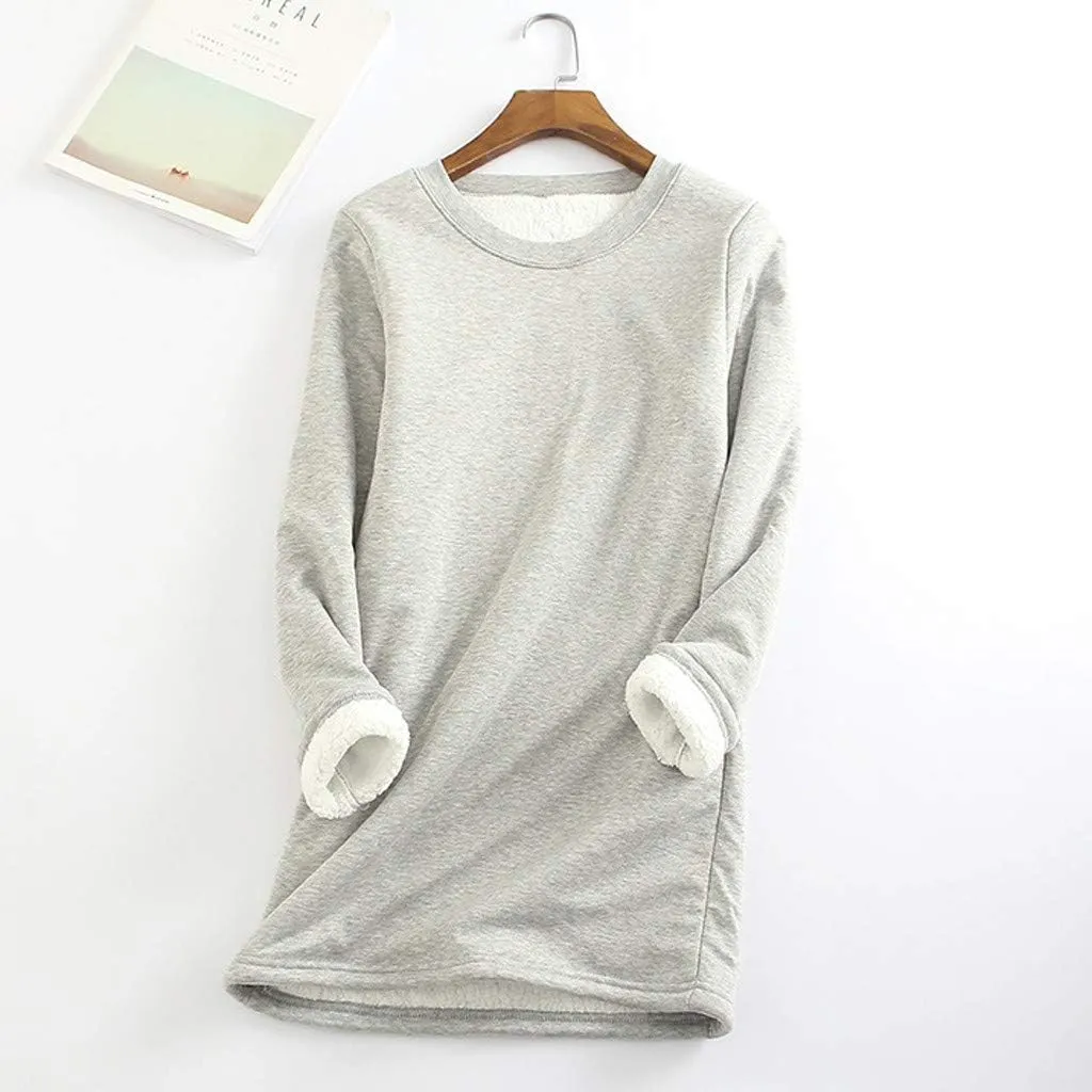 Women Warm Sherpa Lined Fleece Crewneck Sport Sweatshirt Pullover Loungewear