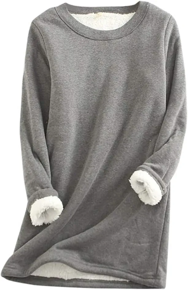 Women Warm Sherpa Lined Fleece Crewneck Sport Sweatshirt Pullover Loungewear