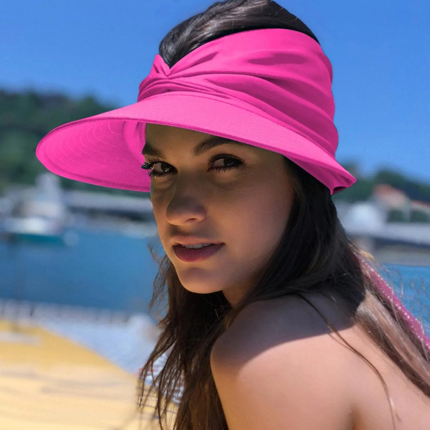 Women Wide Brim Sun Hats Ponytail Foldable Floppy Bucket Hat with Bowknot Empty Top Summer Visor Beach Holiday Hat