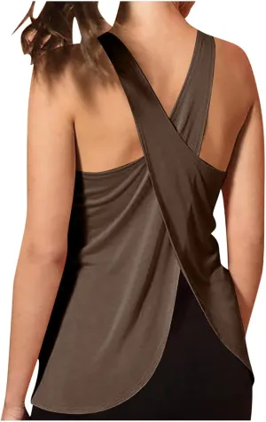 Women Workout Tank Top Criss Cross Open Back Athletic Yoga Shirt Exercise Fitness Sleeveless Tunics Loose Activewear
