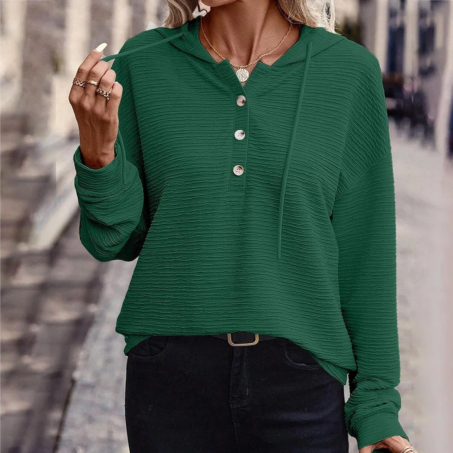 Womens 2024 Hooded Button Drawstring Hoodies Pullover Sweatshirts Casual Long Sleeve Tops Shirts Trendy Warm Tops